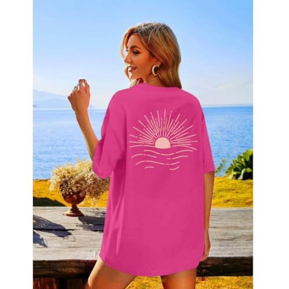 Oversized Vintage Sun Print Graphic Tee Baggy Y2K Beach Top - Picture 6 of 7